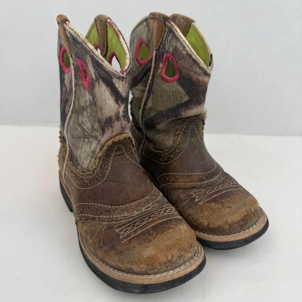 Ariat Kids Fatbaby Camo Western Boots Brown Leather Pink Trim Size 11.5